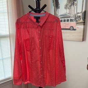 Lightweight Red Button-Up Shirt with Subtle Dot Pattern